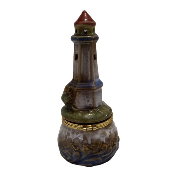 Lighthouse Trinket Box Nautical Hinged Ocean Waves Beach Glazed Porcelain 6 x 3" - Picture 3 of 5